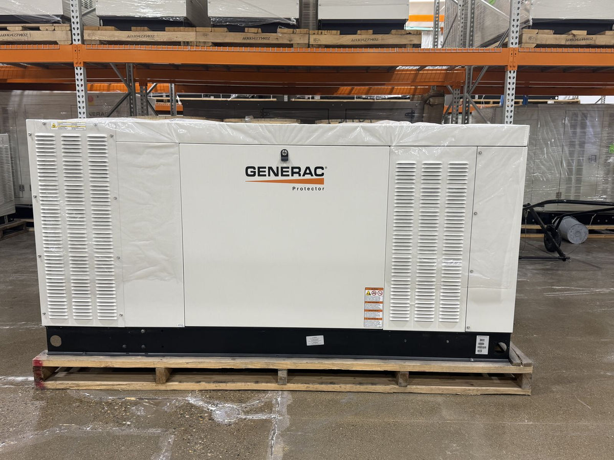 A Generac commercial standby generator staged on a pallet at Excel