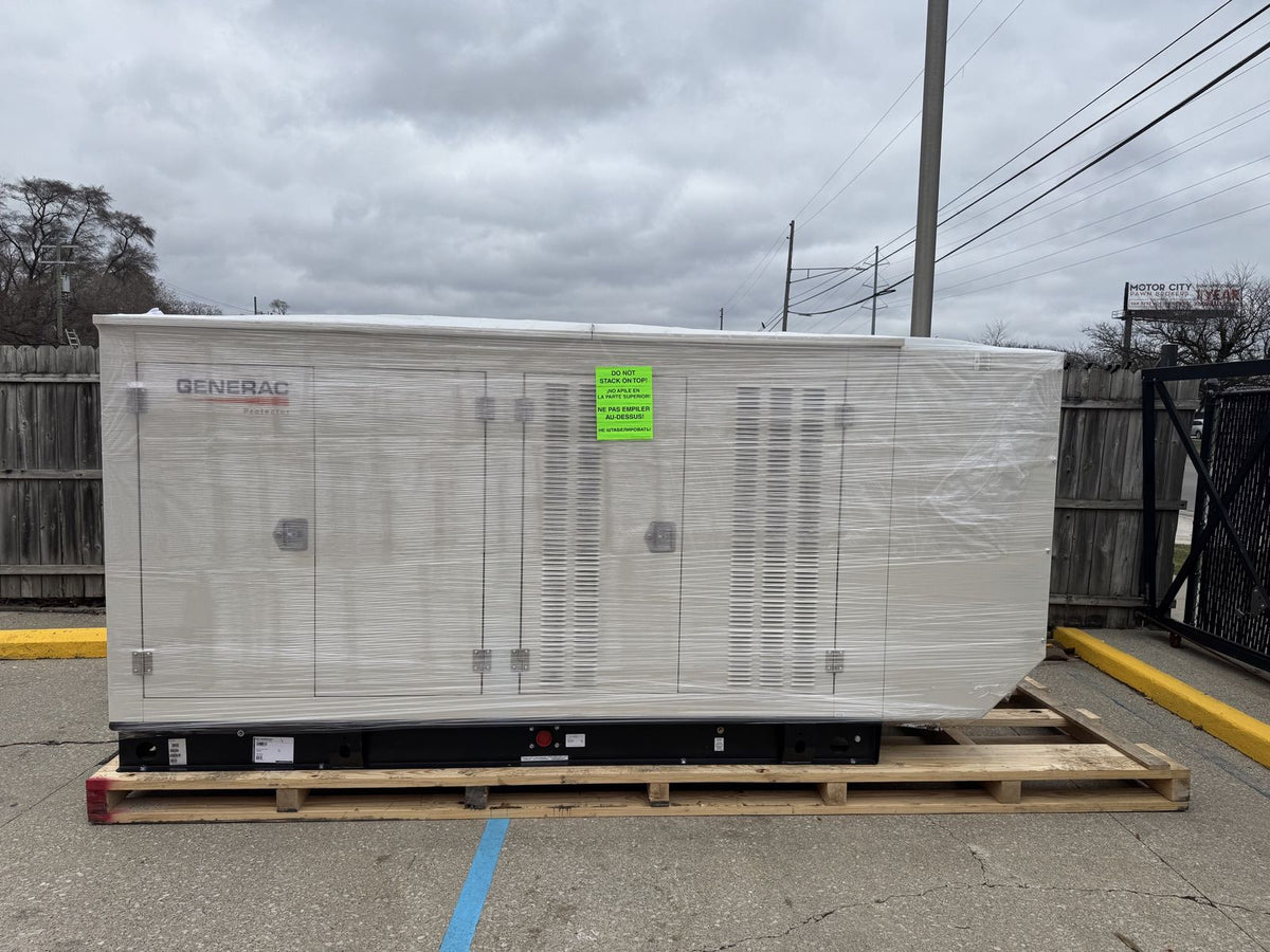 A Generac commercial standby generator on a pallet in Excel’s yard