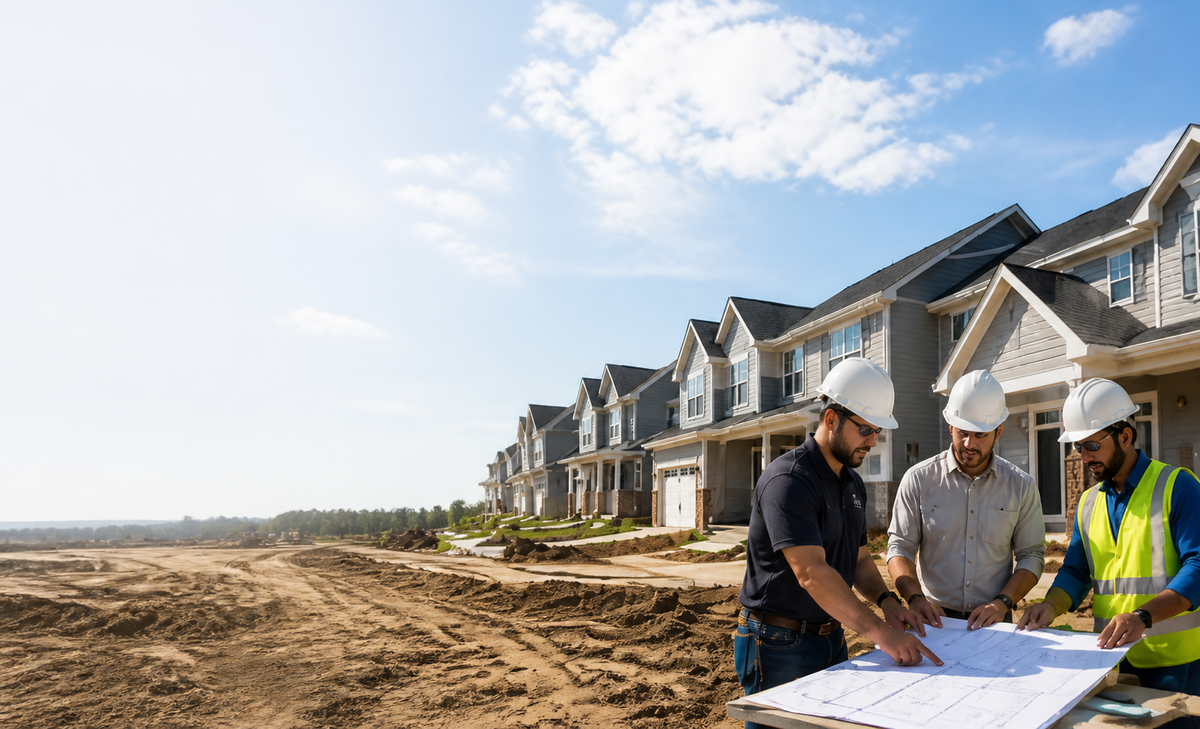 Builders reviewing plans in front of new homes under construction
