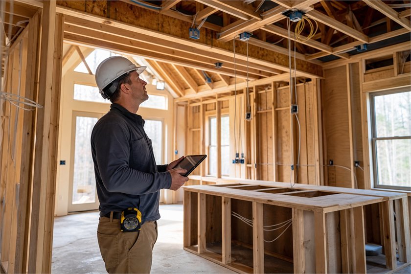 Builder reviewing electrical plans inside a framed new home