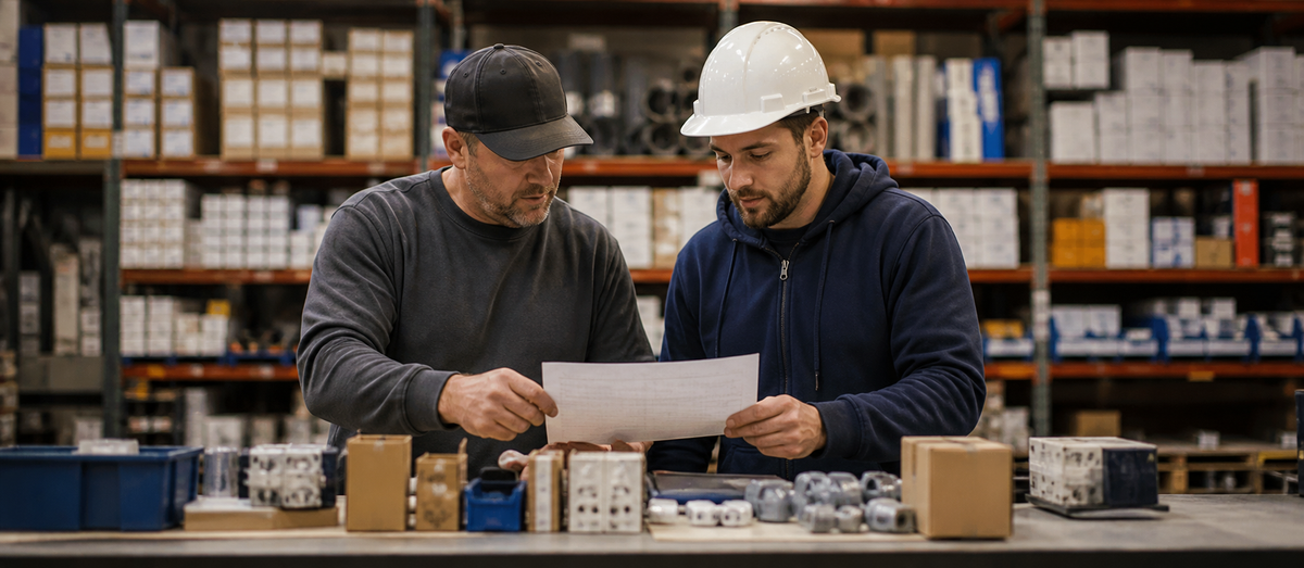 Two electrical contractors reviewing a material list at a supply counter