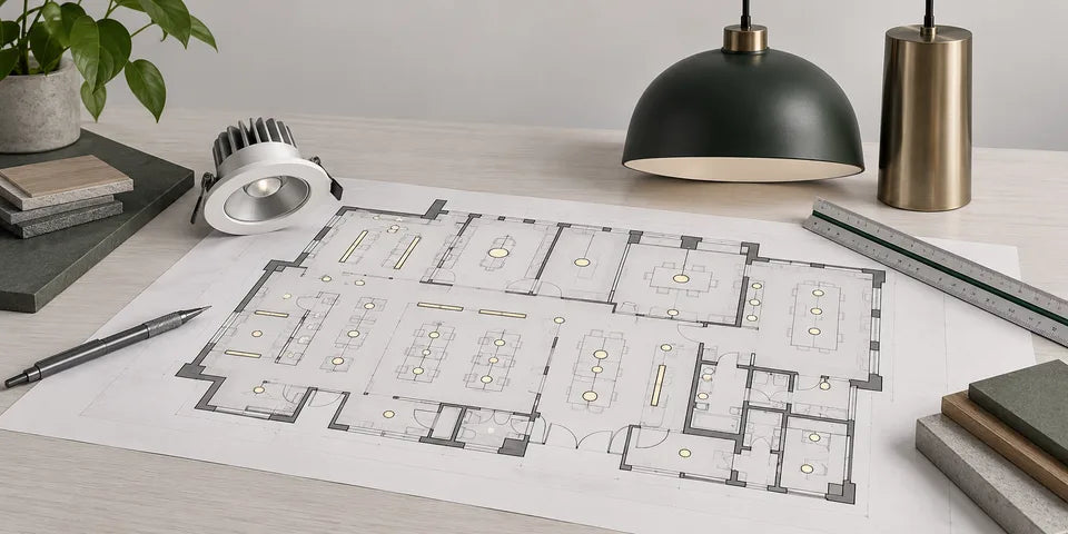 Lighting plan with fixture symbols on a desk beside a downlight, a pendant and fixture samples
