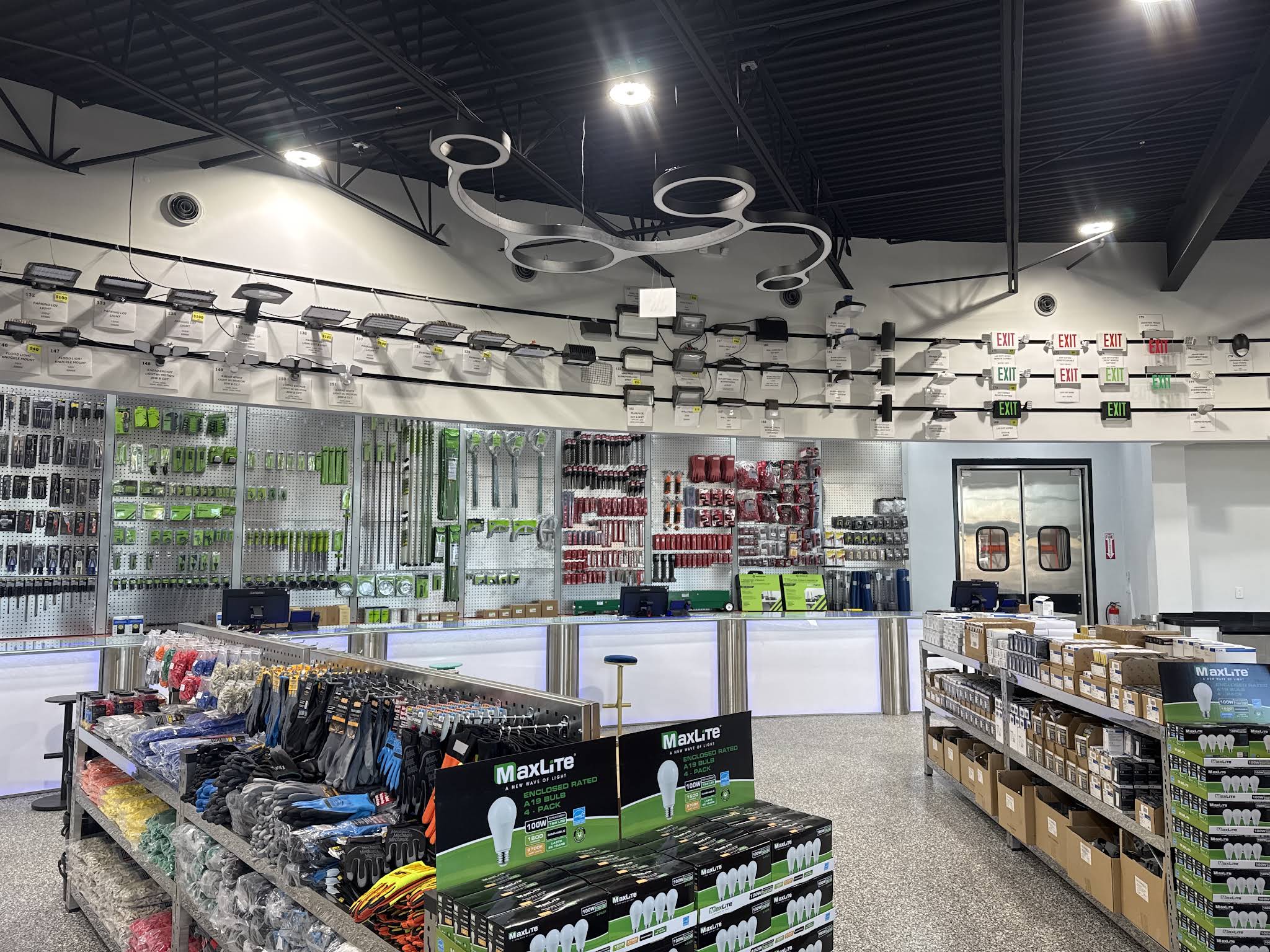 Supply counter, electrical product displays and lighting fixtures inside Excel’s Waterford branch