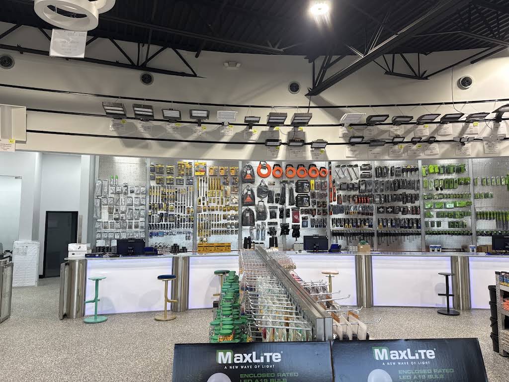Interior sales counter and electrical product displays at Excel’s Waterford Township branch