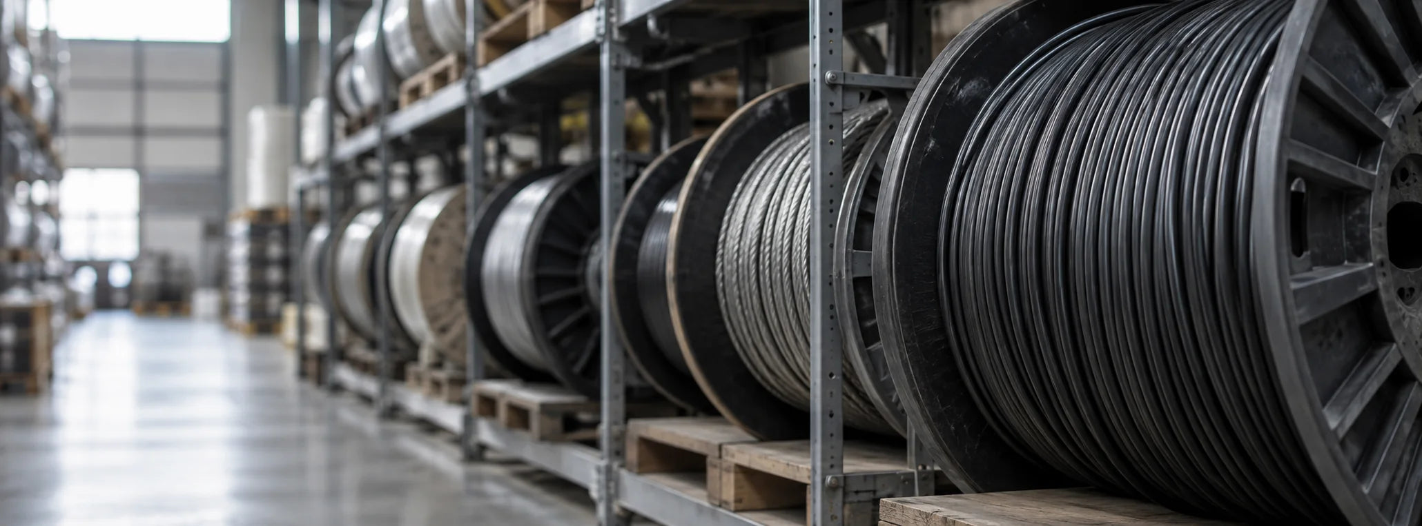 Reels of wire and cable on racks in an electrical supply warehouse